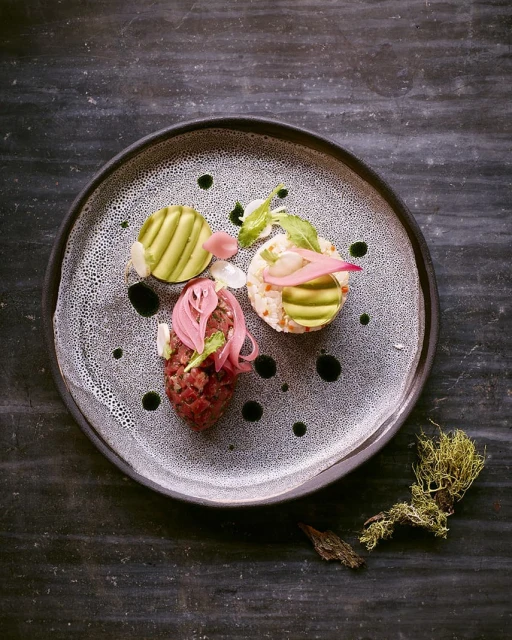 Overhead shot of decorative appetizer featuring raw meat, avocado, and pickled onions on a speckled ceramic plate, set on dark wood.