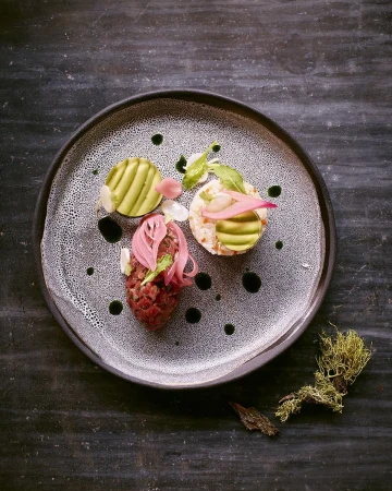 Overhead shot of decorative appetizer featuring raw meat, avocado, and pickled onions on a speckled ceramic plate, set on dark wood.