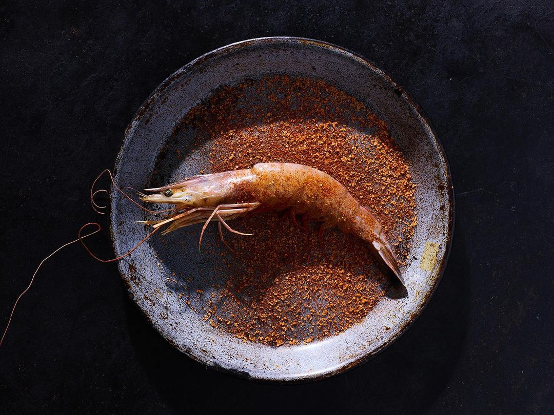 Overhead shot on a dark background shows a single uncooked shrimp resting on a gray plate covered with reddish-brown seasonings.