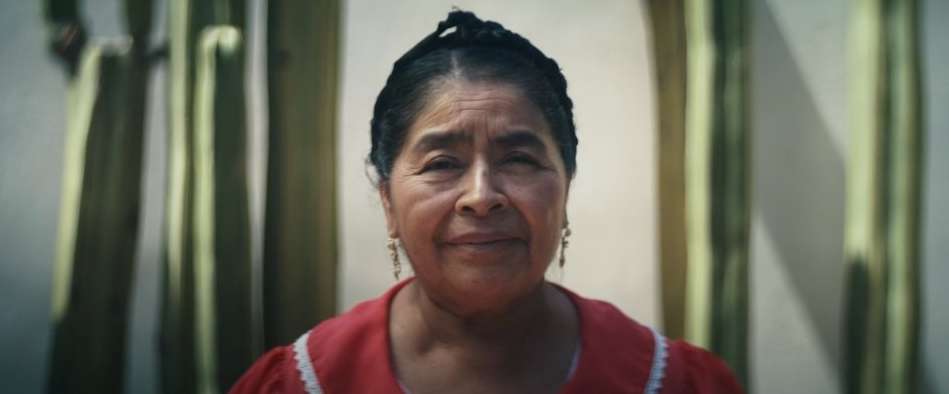 Portrait of a mature woman with dark hair and a red top, gazing directly at the camera with a calm expression in a natural outdoor setting.
