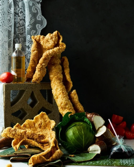 Close-up studio shot of golden crispy fried food with cabbage, tomato, and oil bottle on a table against dark background.