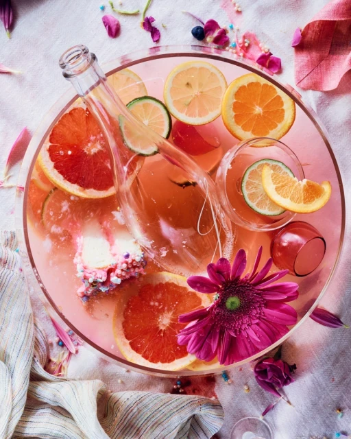 Overhead shot of a glass bowl filled with pink liquid, citrus fruit slices, an upturned wine bottle, flowers, and decorative sprinkles.