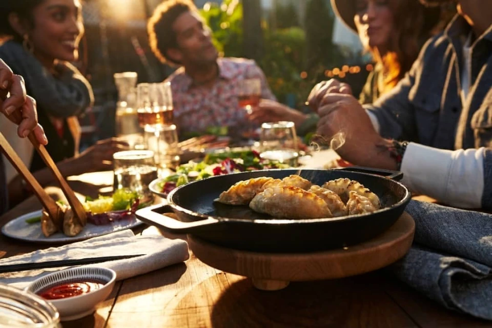 Outdoor dining scene features a group of people enjoying food, including dumplings, with natural light and a warm, inviting atmosphere.