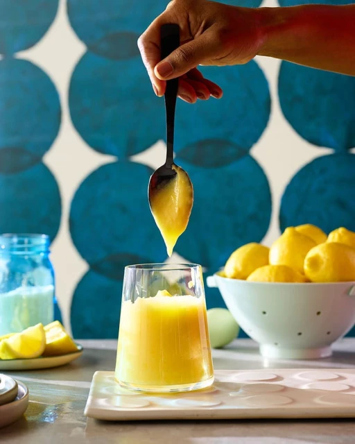Overhead shot of a glass of lemon curd being spooned into a glass, next to lemons and ingredients on a white and blue background.