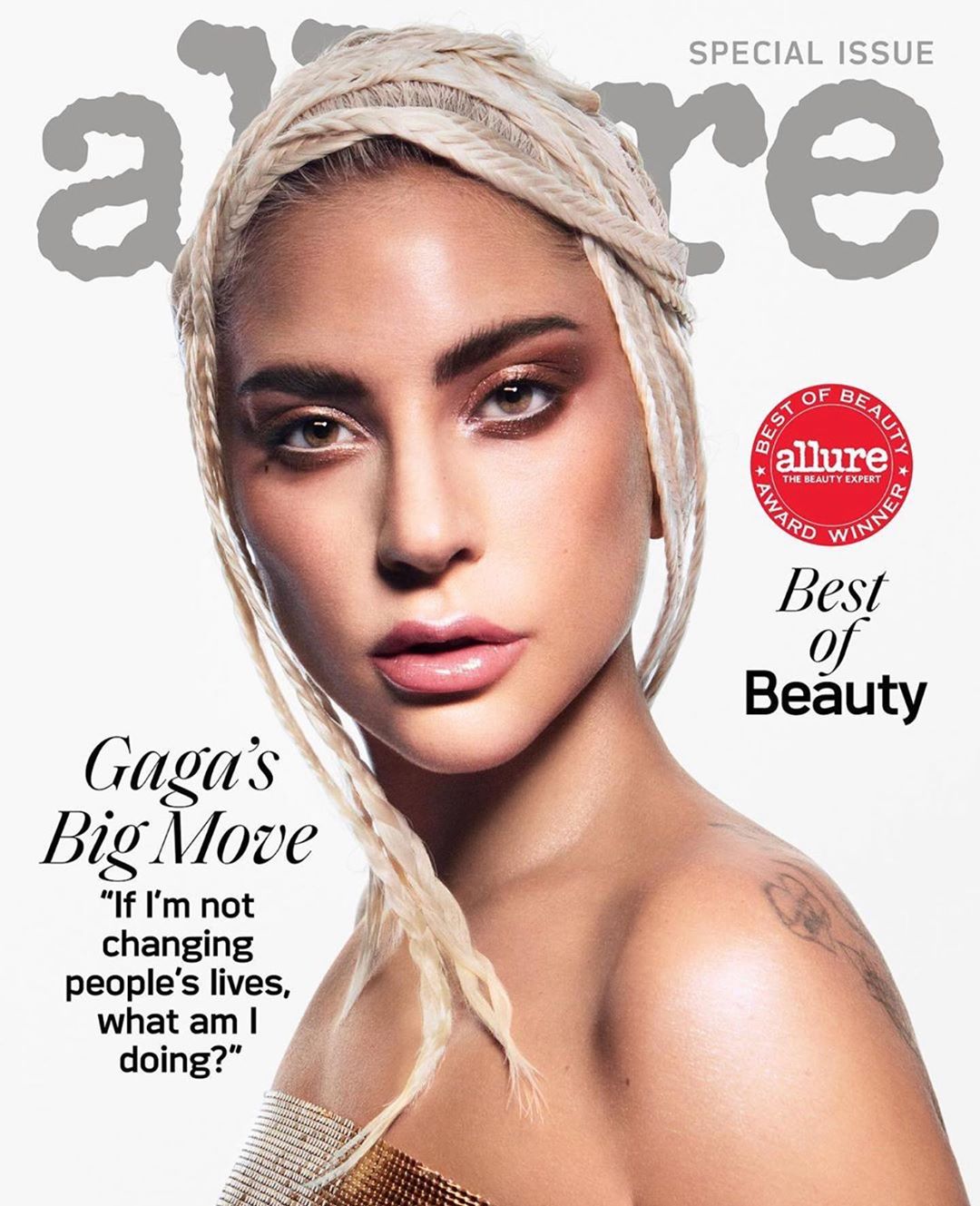 Allure magazine cover featuring Lady Gaga with blonde braided hair, smokey eye makeup, and gold beaded dress, against a white background.