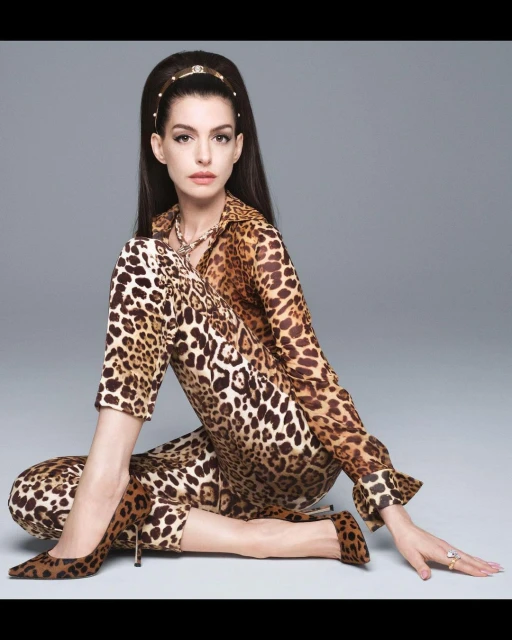 Anne Hathaway in a seated pose wearing a leopard print matching set and heels against a gray background in a studio setting.