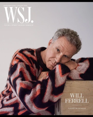 Magazine cover featuring Will Ferrell, wearing a patterned sweater, leaning on a wooden box with the Wall Street Journal logo visible.
