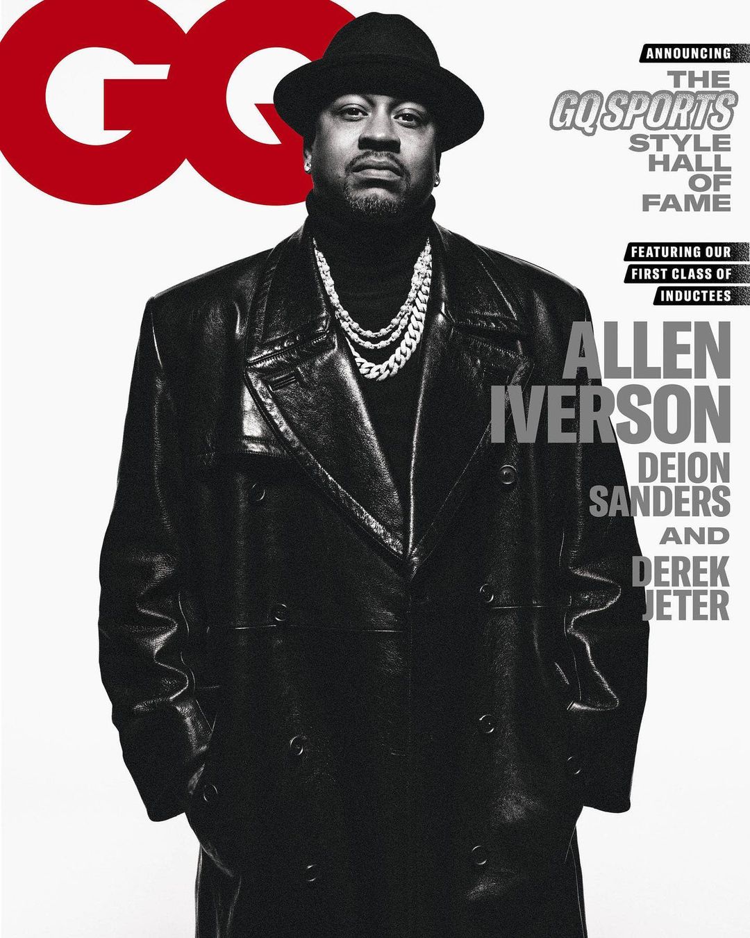 GQ magazine cover featuring Allen Iverson in a black coat and hat with layered chains, promoting the GQ Sports Style Hall of Fame.