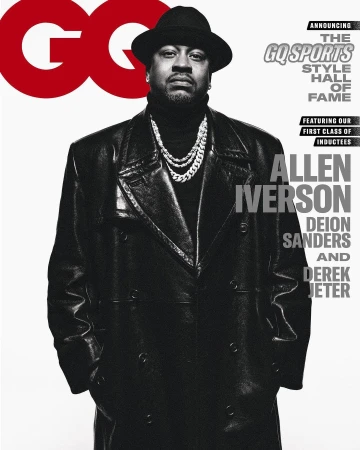 GQ magazine cover featuring Allen Iverson in a black coat and hat with layered chains, promoting the GQ Sports Style Hall of Fame.