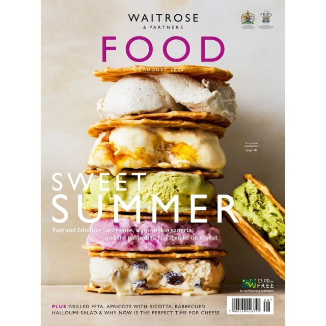 Magazine cover featuring stacked ice cream sandwiches with waffle wafers, vibrant colors, and the text "Sweet Summer."
