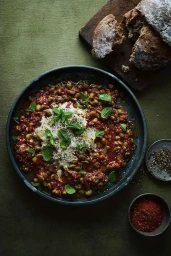 Overhead food photography of a bowl of spiced beans topped with yogurt, mint leaves, and a loaf of rustic bread on a dark textured surface.