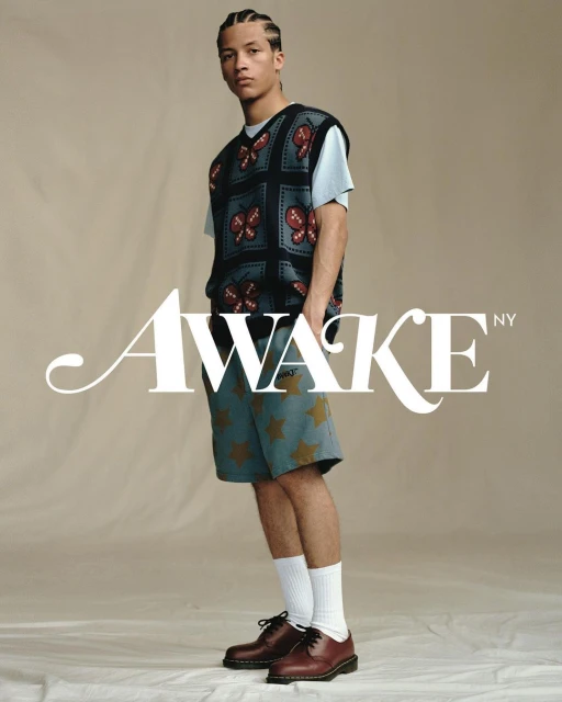 Male model wearing a butterfly sweater vest, star shorts, white socks, and dress shoes in a studio setting with the brand logo.