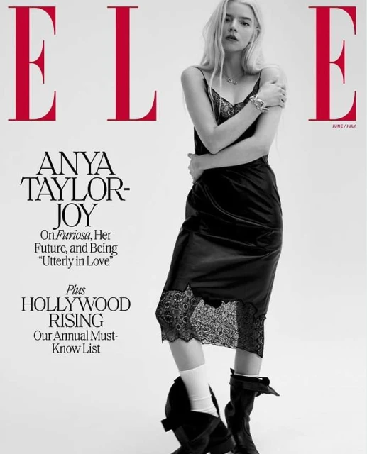 Elle cover featuring Anya Taylor-Joy in a black slip dress, white socks, and black boots, against a bright white backdrop.