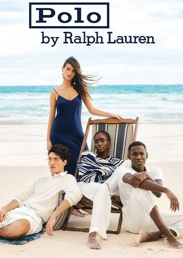 Fashion campaign featuring a group of models posed on a sandy beach with ocean backdrop, promoting Ralph Lauren's Polo collection.