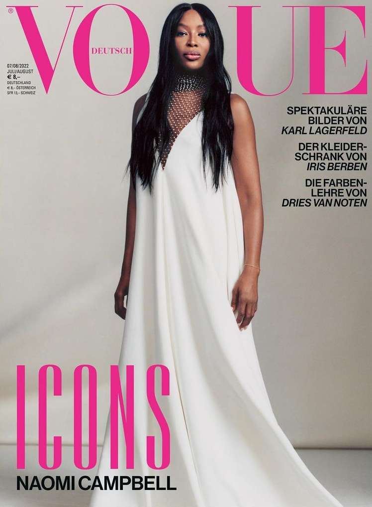 Vogue Deutsch cover featuring Naomi Campbell in a white dress against a light background. The magazine cover has text overlay.