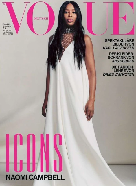Vogue Deutsch cover featuring Naomi Campbell in a white dress against a light background. The magazine cover has text overlay.
