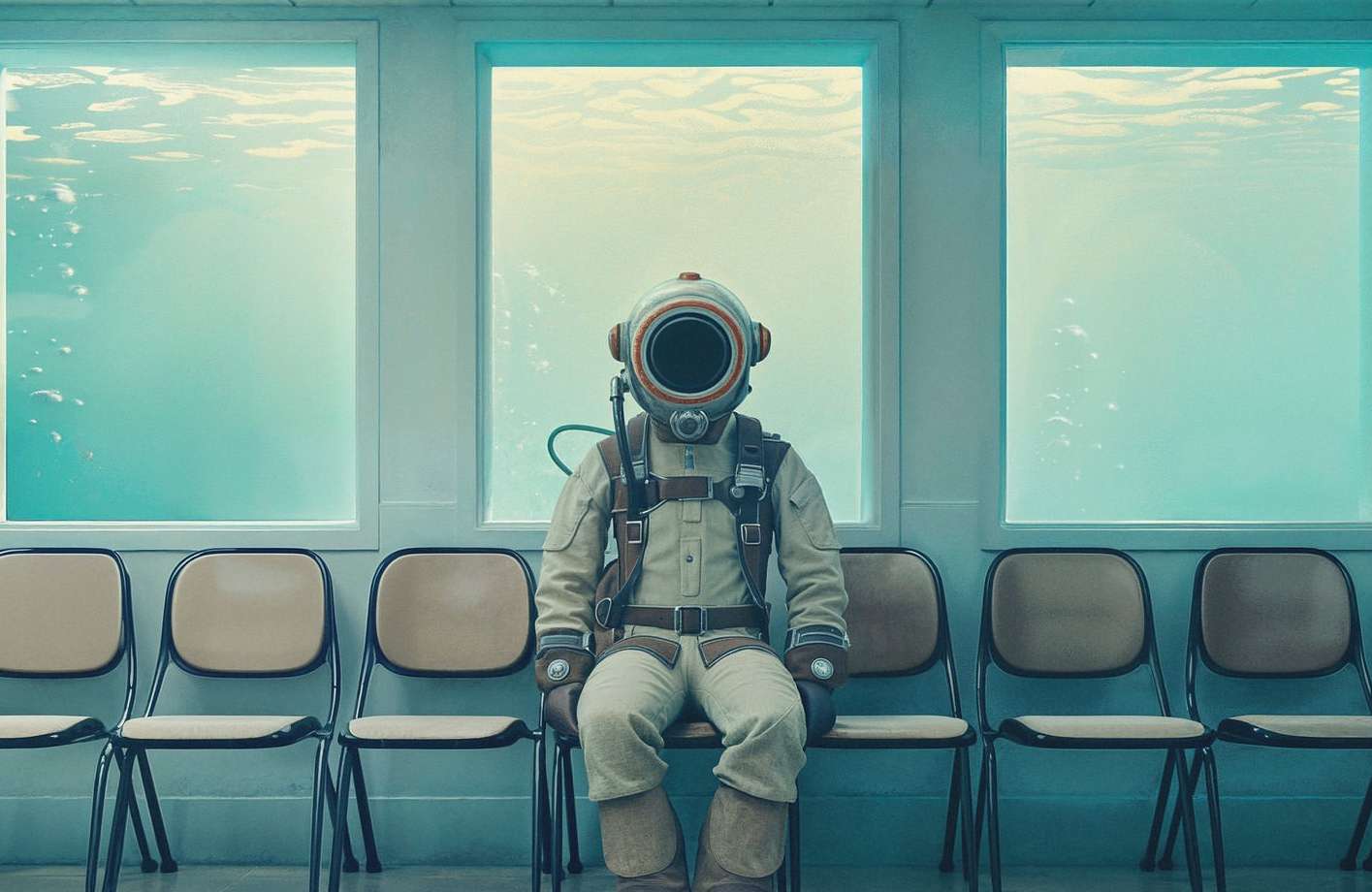 Person in vintage diving suit and helmet sitting in a row of chairs with underwater view visible through window in the background.