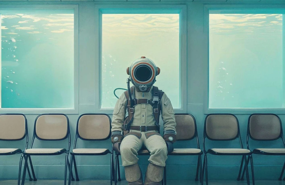 Person in vintage diving suit and helmet sitting in a row of chairs with underwater view visible through window in the background.