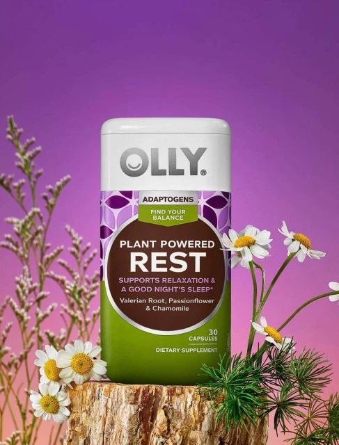 Olly Plant Powered Rest supplement displayed on a tree stump with chamomile and green sprigs against a blended purple backdrop.