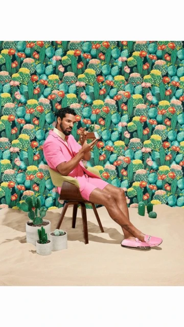 A man in a pink suit sits on a chair in front of a cactus wallpaper backdrop holding a brown box with potted cactus plants nearby.