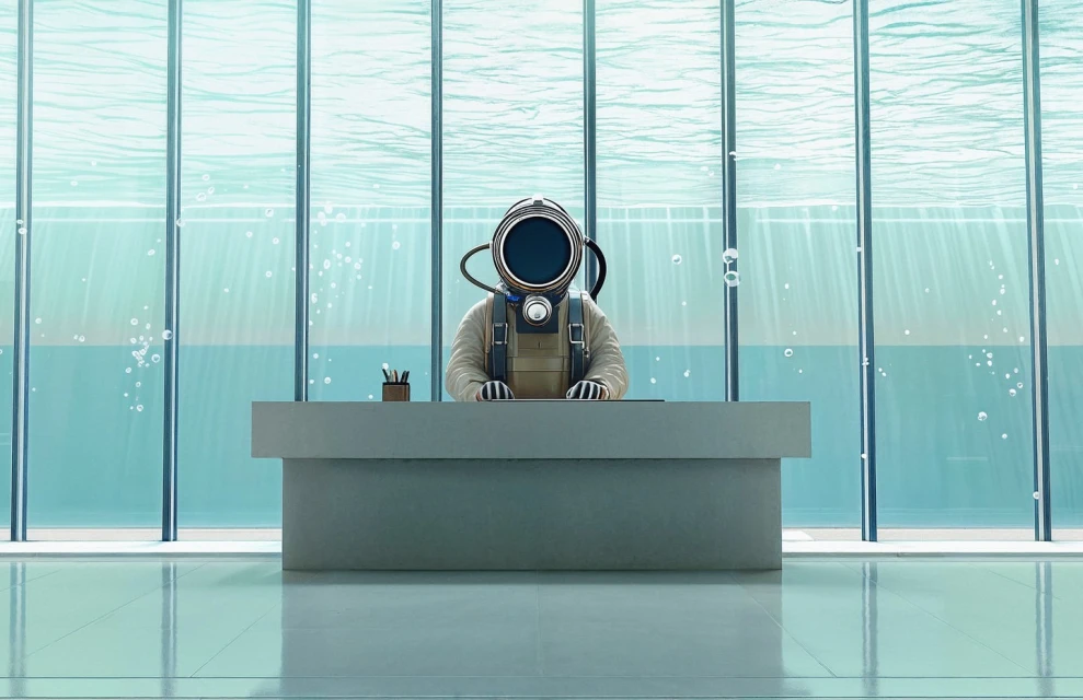 Illustration of a person in a diving suit sitting at a desk with office supplies. The setting is an underwater office with sunlight.