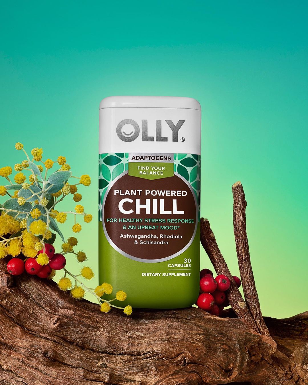Olly Adaptogens Plant Powered Chill dietary supplement stands on a wooden surface with plant sprigs against a gradient green background.