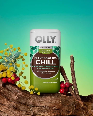 Olly Adaptogens Plant Powered Chill dietary supplement stands on a wooden surface with plant sprigs against a gradient green background.