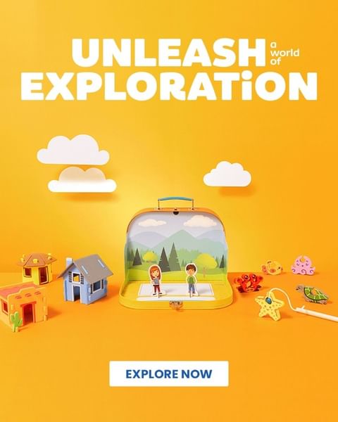 Imaginative playscape scene featuring a toy suitcase open to reveal figures of a child and house toys against yellow background.