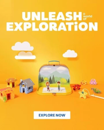 Imaginative playscape scene featuring a toy suitcase open to reveal figures of a child and house toys against yellow background.