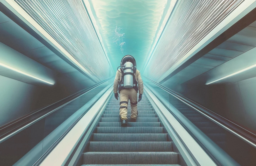 Person in vintage diving suit ascends an escalator, creating a surreal, captivating scene with a dreamlike quality and unusual juxtaposition.