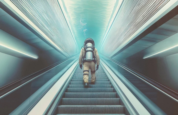 Person in vintage diving suit ascends an escalator, creating a surreal, captivating scene with a dreamlike quality and unusual juxtaposition.