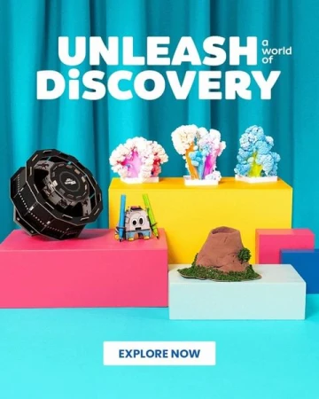 Colorful educational product display with science-themed toys, including a buildable robot, volcano, and crystal growing sets on pink and yellow platforms.