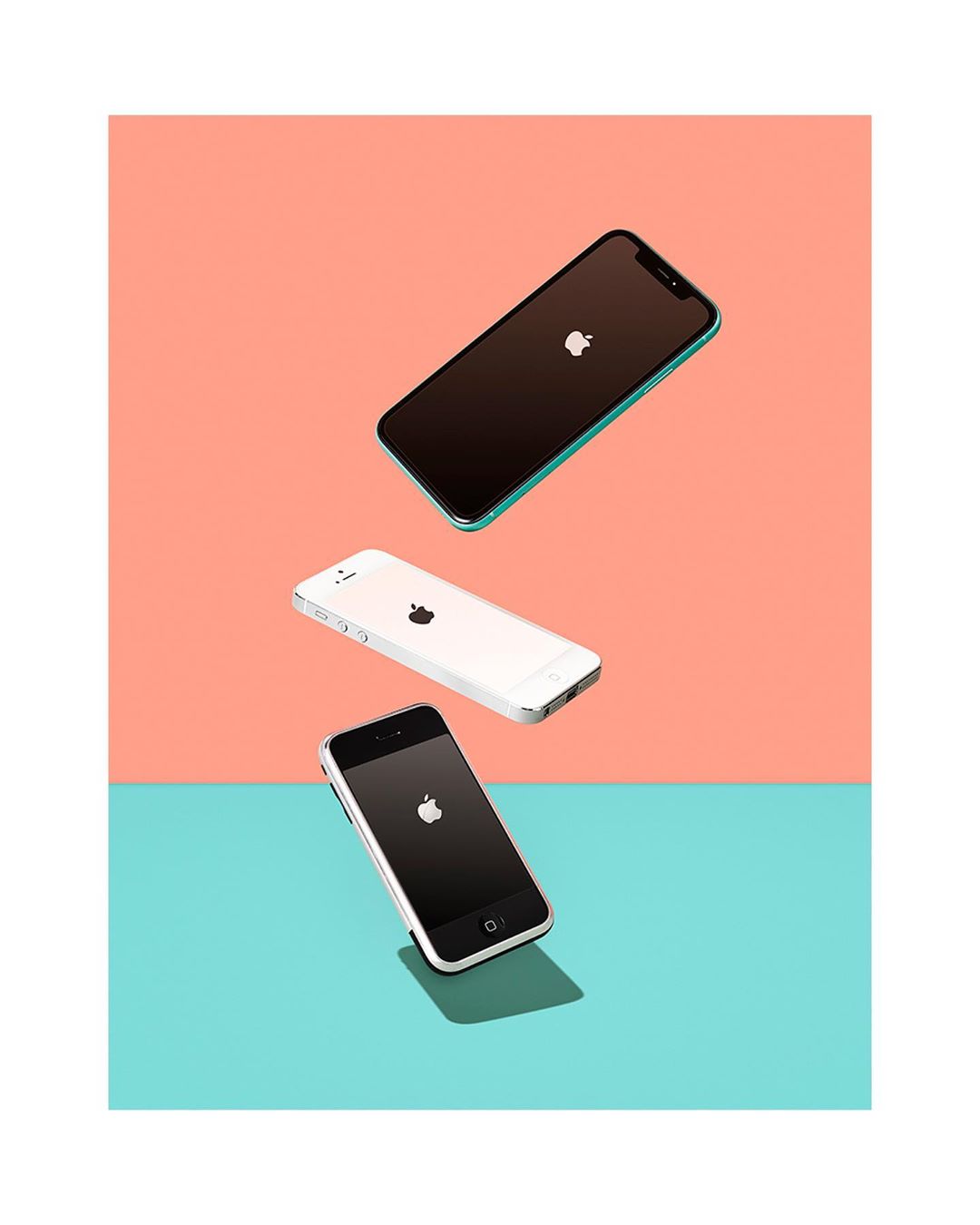 Three iPhones of varying models floating against a split backdrop of peach and aqua, showcasing technology and product design.