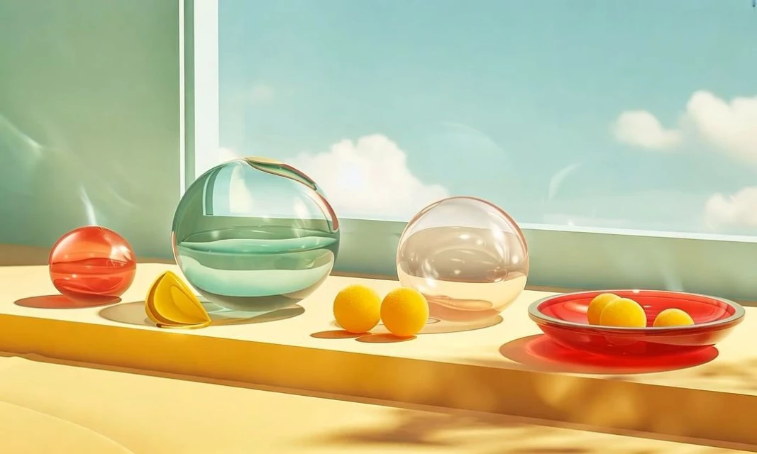 Still life composition featuring transparent spheres, citrus fruit, and shadows against a window with a view of a partly cloudy sky.