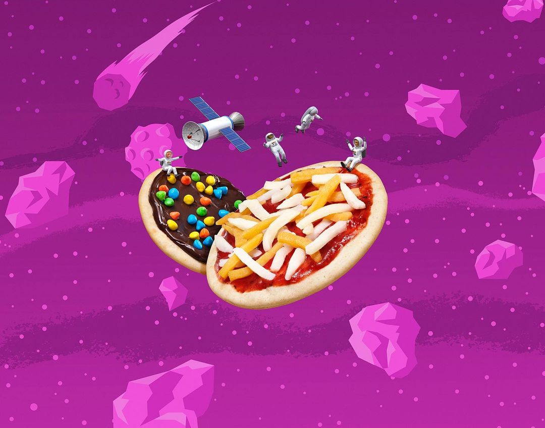 Illustrated image of miniature astronauts on pizzas, one chocolate and one cheese, floating in a pink and purple space background.