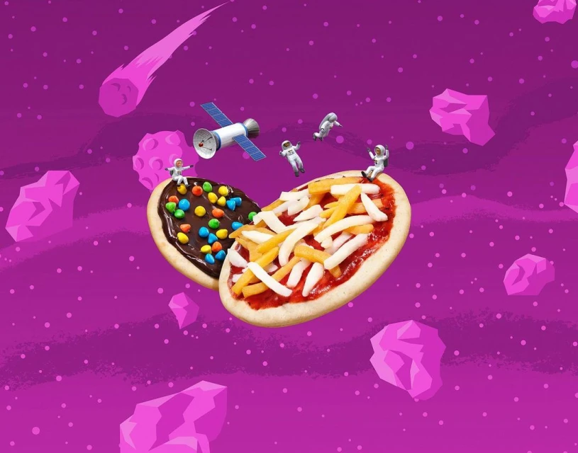 Illustrated image of miniature astronauts on pizzas, one chocolate and one cheese, floating in a pink and purple space background.