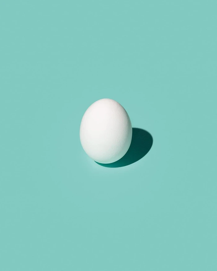 A single white egg rests on a solid turquoise surface, casting a crisp shadow to its right.