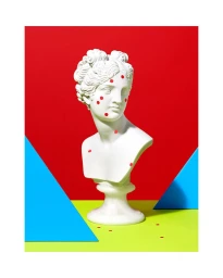 White classical sculpture bust with red dots on the face against a red, blue, and yellow background