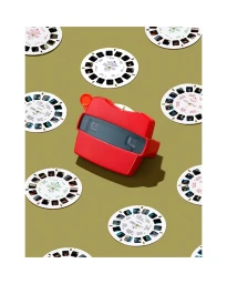 A red View-Master viewer surrounded by multiple circular picture reels on a flat green background.