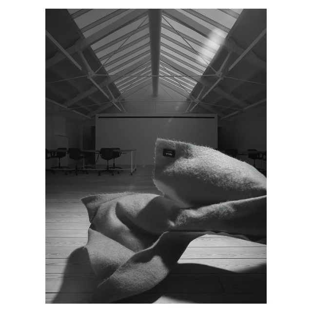 Interior view of a bright, modern conference room with natural light streaming through the windows and a soft blanket in the foreground.
