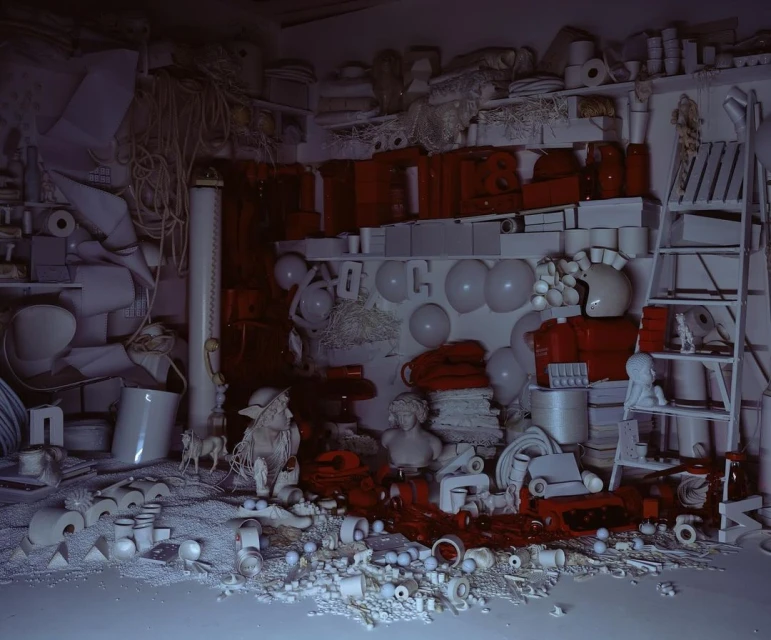 An assortment of primarily white objects arranged in an indoor setting, with red accents distributed amongst the items on shelves and the floor.