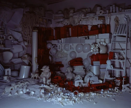 An assortment of primarily white objects arranged in an indoor setting, with red accents distributed amongst the items on shelves and the floor.