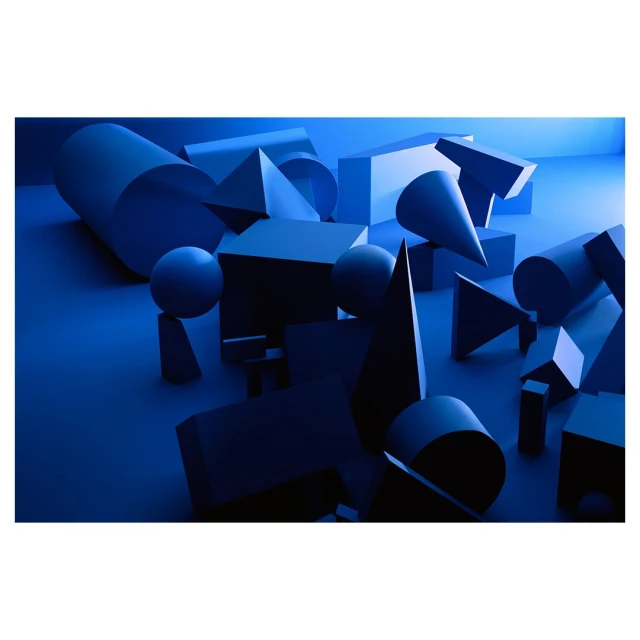 Abstract still life of solid blue geometric shapes including cylinders, spheres, cones, cubes, and pyramids arranged on a blue surface.
