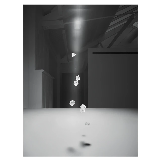 Monochromatic architectural photo of floating geometric objects illuminated by bright light, casting shadows on a white surface and walls.