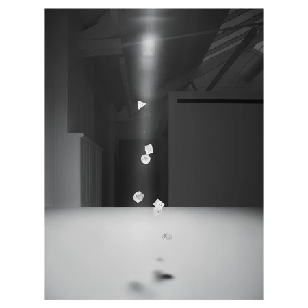 Monochromatic architectural photo of floating geometric objects illuminated by bright light, casting shadows on a white surface and walls.
