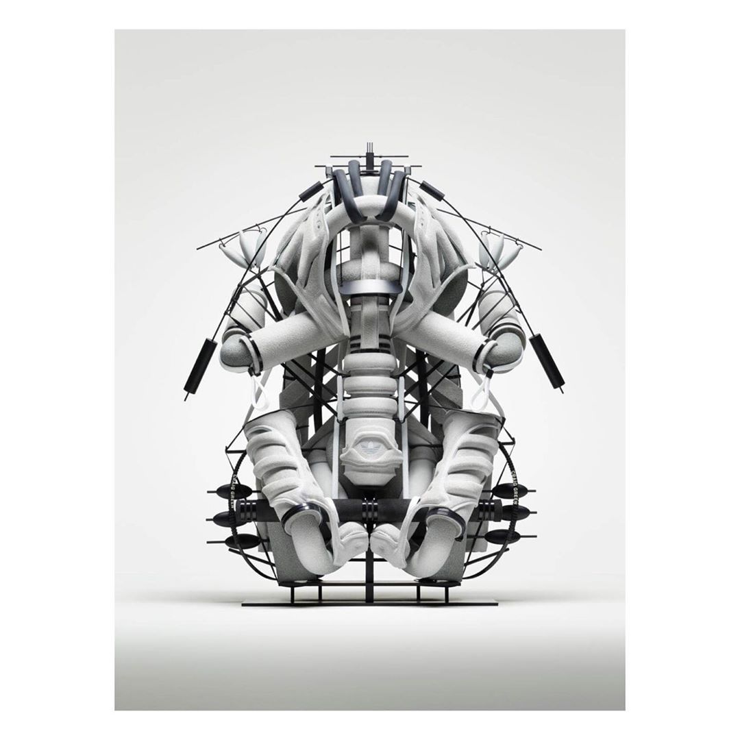 A sculptural form of a futuristic vehicle made of metal and textile materials against a white background, creating a striking and unique design.