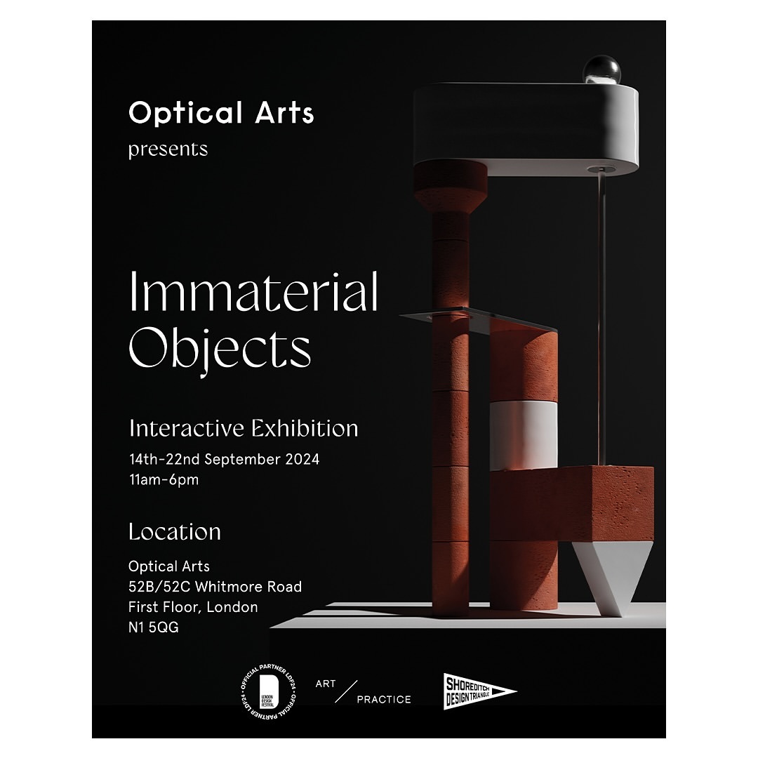 Art exhibition poster featuring abstract geometric sculpture in red, white, and black. 'Immaterial Objects' exhibit, September 14-22, 2024.