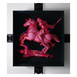 Textured pink and red sculptural artwork depicting a mounted figure inside a square black frame by Dan Tobin Smith
