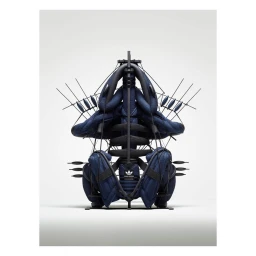Complex sculptural art installation made of blue athletic apparel and metal frames against a plain white background