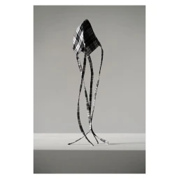 Monochrome studio photograph of a folded plaid fabric sculpture standing upright on a flat surface.